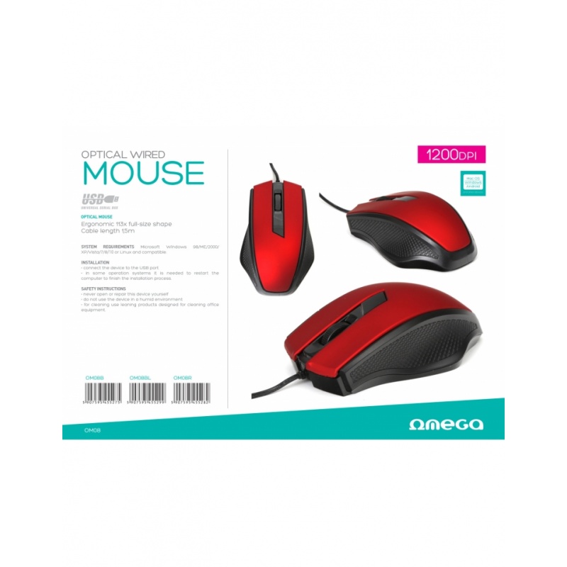 Ενσυρματο Ποντικι Omega Omo8 Κοκκινο (OMO10519R)